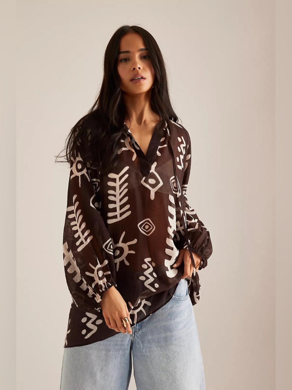 Anthropologie Tie-Neck Printed Mini Kaftan Dress Tunic Brown White Abstract - Picture 2 of 15
